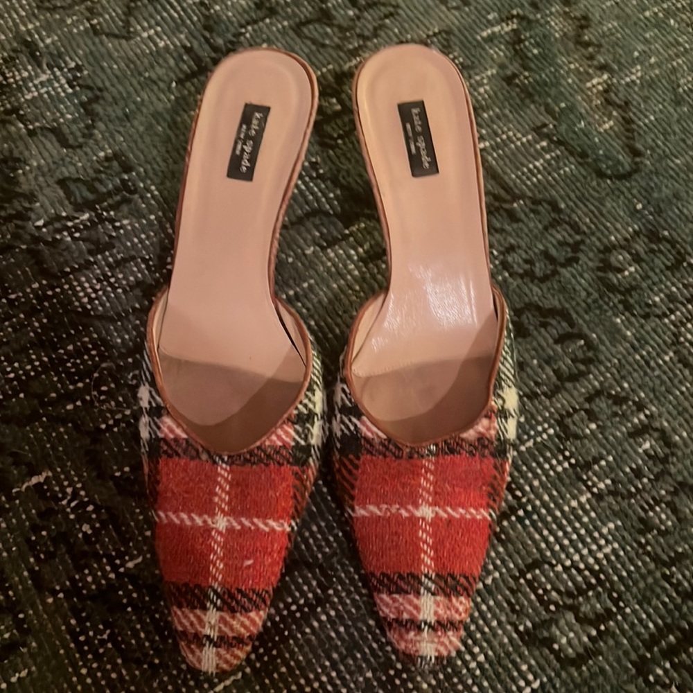 Kate Spade Red Plaid Tweed Kitten Heeled Mules size 9